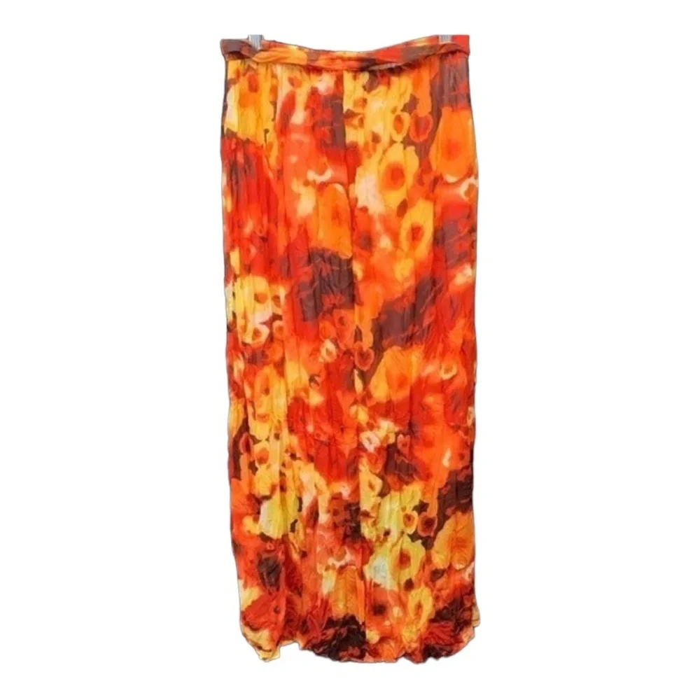 DS By Debbie‎ Shuchat Skirt Size M Orange Floral Peasant High Low Crinkled Boho
